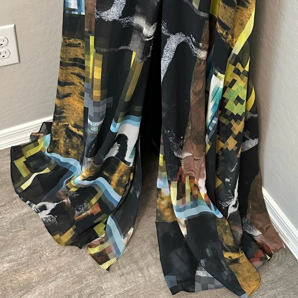 NEW JOVANI SZ 2 HALTER CHIFFON ABSTRACT PRINT HIGH SLIT FORMAL EVENING GOWN - Picture 12 of 16